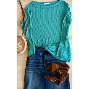 Free People We The Free Waffle Knit Thermal Top Teal Raw Seam S